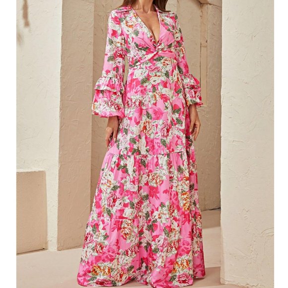 Floral V-Neck Flounce Sleeve Ruffle Hem Maxi Dress - Pink - Picture 6 of 6